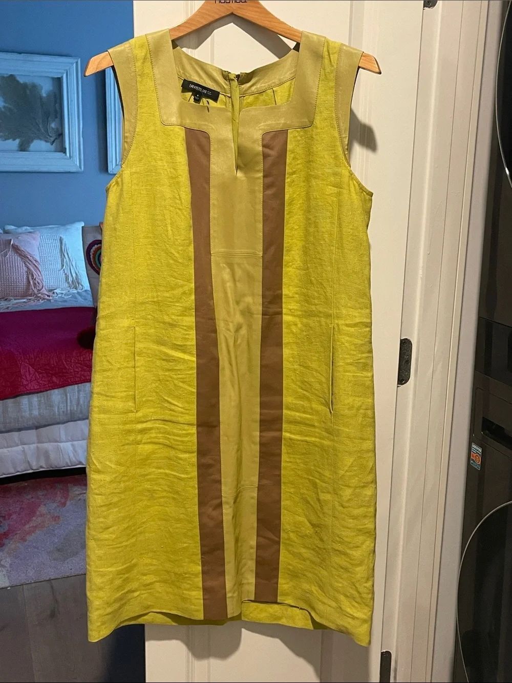 Lime Green Sleeveless Shift Dress with Brown Stripe